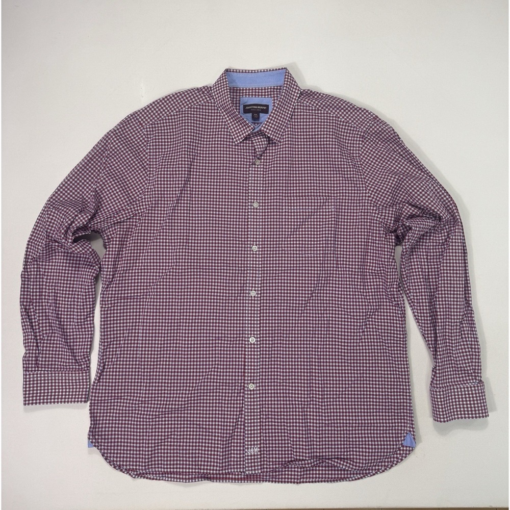 Johnston & Murphy Mens 2XL Button Shirt Red Blue White Check Gingham Cotton XXL